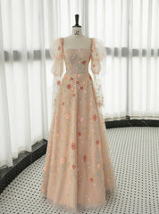 Champagne Tulle Sequins Prom Dresses With Detachable Long Sleeve