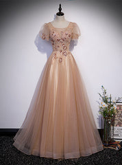 Champagne Tulle Sequins Short Sleeve Beading Sequins Prom Dresses