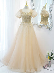 Champagne Tulle Sequins Square Short Sleeve Prom Dresses