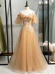 Champagne Tulle Spaghetti Straps Beading Prom Dresses