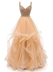 Champagne Tulle Spaghetti Straps Tulle Prom Dresses With Beading