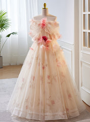 Champagne Tulle Strapless Flower Prom Dresses