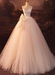 Champagne Tulle Strapless Pleats Bow Wedding Dresses