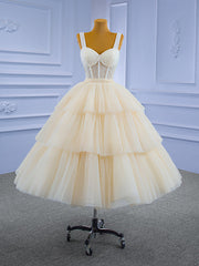 Champagne Tulle Straps Tiers Beading Short Prom Dresses