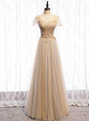 Champagne Tulle Sweetheart Beading Sequins Prom Dresses