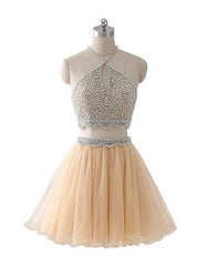 Champagne Tulle Two Piece Halter Homecoming Dresses With Beading