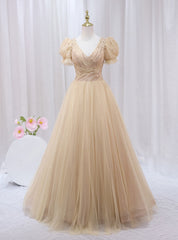 Champagne Tulle V-neck Short Sleeve Pleats Beading Prom Dresses