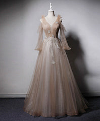 Champagne V Neck Tulle Lace Long Prom Dress, Champagne Formal Evening Dress