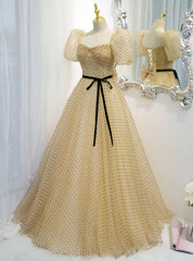 Champagne Wave Point Puff Sleeve Prom Dresses