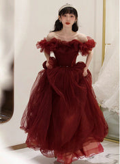 Charming Wine Red Off Shoulder Tulle Beaded Party Dresses, Wine Red Prom Dresses