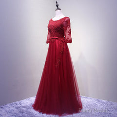 Charming Wine Red Short Sleeves Lace Applique Wedding Party Dress, Formal Gown