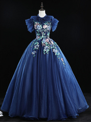 Check Out Entire Collection Navy Blue Ball Gown Tulle Embrodiery Backless Quinceanera Dresses