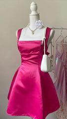 Chic A line Square Neckline Hot Pink Satin Short Party Dresses Homecoming Dresses