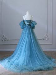 Chic Blue Sweetheart Straps Off Shoulder Tulle Formal Dresses, Blue Prom Dresses