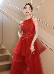 Chic Red Tulle Halter A-Line Long Evening Dresses, Tulle Prom Dresses Party Dresses