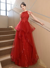 Chic Red Tulle Halter A-Line Long Evening Dresses, Tulle Prom Dresses Party Dresses