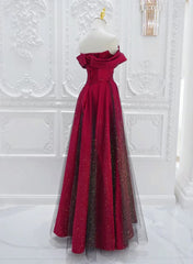 Chic Satin Long Party Dresses Prom Dresses, A-line Red Off Shoulder Evening Dresses