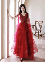 Chic V-neckline Tulle Floor Length Party Dresses, Wine Red Tulle Prom Dresses