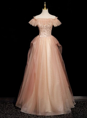 Chmpagne Pink Tulle Off the Shoulder Pearls Prom Dresses