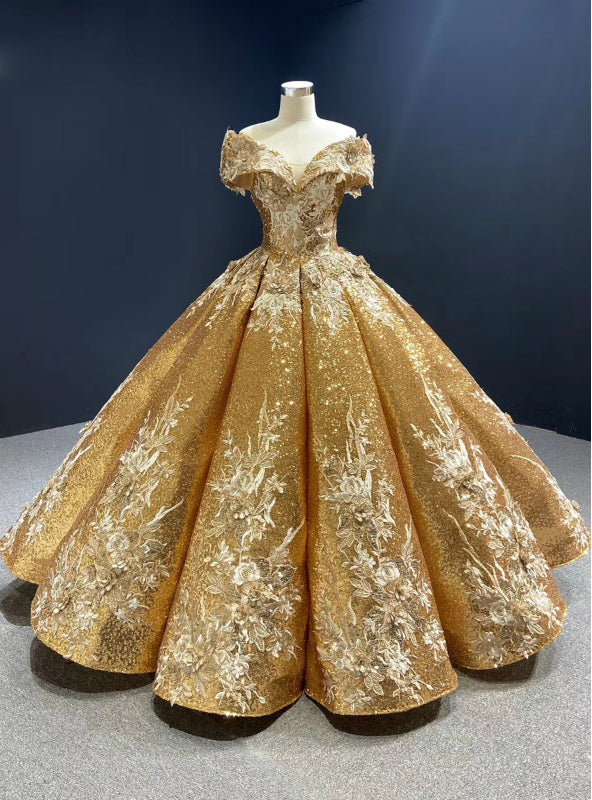 Come In a Wide Variety Of On-Trend Styles, Gold Ball Gown Sequins Off the Shoulder Appliques Prom Dress