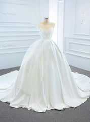 Come In a Wide Variety Of On-Trend Styles, White Ball Gown Satin Sweetheart Pleats Wedding Dress With Train