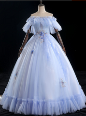 Come In All Styles And Colors Light Blue Ball Gown Tulle Strapless Appliques Quinceanera Dresses