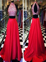 Custom Made A Line High Neck 2 Pieces Red Long Prom Dresses, Long Red Formal Dresses