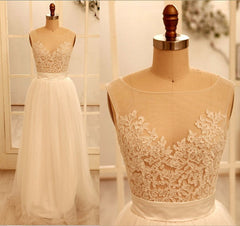 Custom Made A Line Round Neck Ivory Lace Wedding Dresses, Deep V Neck Back Prom Dresses, Ivory Dresses For Wedding