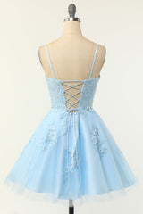 Cute Glitter Blue Homecoming Dresses A Line Sequins Short Prom Dresses with Appliques