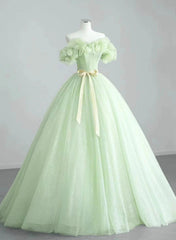 Cute Green Tulle Ball Gown Sweetheart Party Dresses, Green Shiny Tulle Prom Dresses