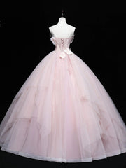 Cute Pink Ball Gown Tulle with Flowers Sweet 16 Dresses, Pink Tulle Party Dresses