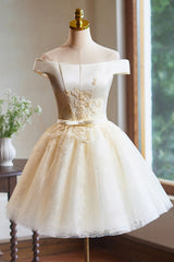 Cute Tulle Lace Knee Length Prom Dress, Champagne Off the Shoulder Evening Party Dress