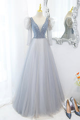 Cute V-Neck Tulle Long Prom Dress with Beaded, A-Line Long Sleeve Evening Dress