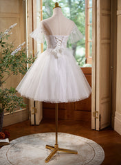 Cute White Tulle with Lace Short Party Dresses, White Graduation Dresses