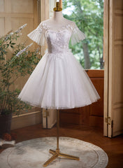 Cute White Tulle with Lace Short Party Dresses, White Graduation Dresses