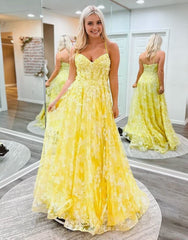 Cute Yellow A-Line Spaghetti Straps Long Prom Dresses With Appliques