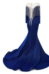 Deep V-neck Shiny Royal Blue Prom Dresses Long sleeves Mermaid Evening Party Dresses