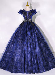 Dark Blue Lace Tulle Appliques Quinceanera Dress