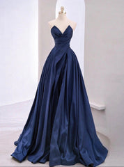 Dark Blue Satin Strapless Prom Dresses