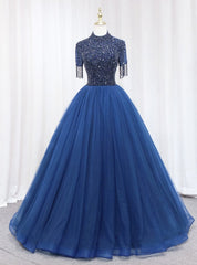 Dark Blue Tulle High Neck Beading Prom Dresses