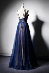 Dark Blue Tulle Long Prom Dresses, Dark Blue Evening Dresses