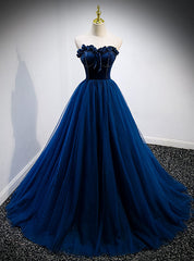 Dark Blue Tulle Velvet Beading Strapless Prom Dresses