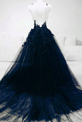 Dark Blue Tulle With Lace Long Evening Dress, A-line Dark Blue Prom Dress