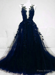 Dark Blue Tulle With Lace Long Evening Dress, A-line Dark Blue Prom Dress