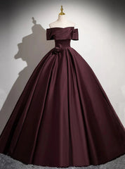 Dark Burgundy Satin Off the Shoulder Flower Prom Dresses