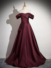 Dark Burgundy Satin Pleats Prom Dresses