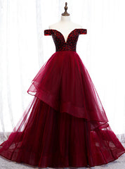 Dark Burgundy Tulle Off the Shoulder Beading prom Dresses