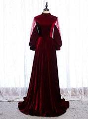 Dark Burgundy Velvet High Neck Long Sleeve Prom Dresses With Bow