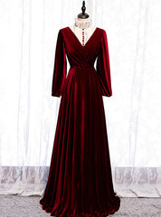 Dark Burgundy Velvet High Neck Long Sleeve Prom Dresses