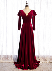 Dark Burgundy Velvet Long Sleeve V-neck Button Prom Dresses